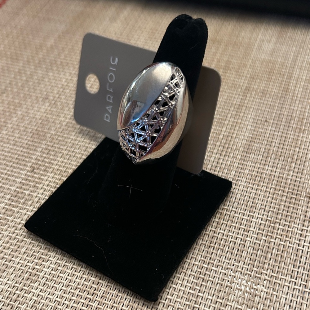 Parfois Elegant Silver Tone Dome Statement Ring with Crystal Accents